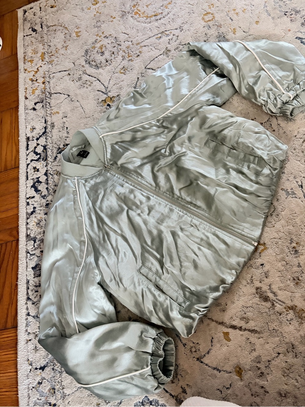 all in motion Satin Bomber Jacket in Sage